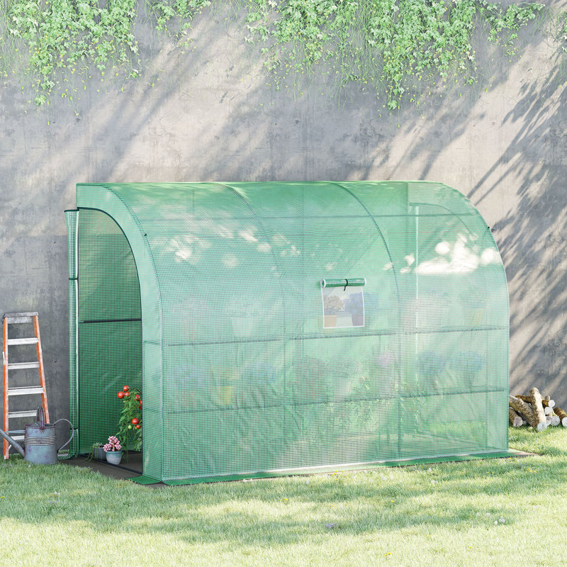 Dacula Lean to Greenhouse, Walk-In Green House, Plant Nursery with 2 Roll-up Doors and Windows, PE Cover and 3 Wire Shelves