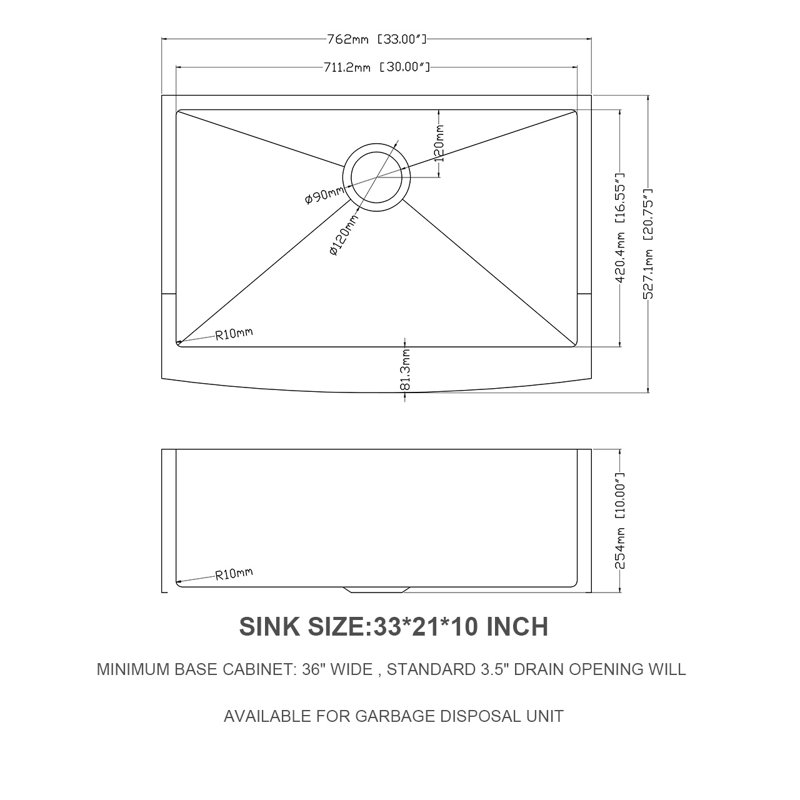 33'' L Single Bowl Stainless Steel Kitchen Sink, Black