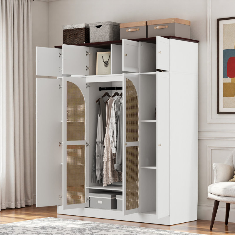 Armoire-penderie à grande capacité avec tringle, tablettes réglables et portes décoratives en rotin, Blanc / Brun