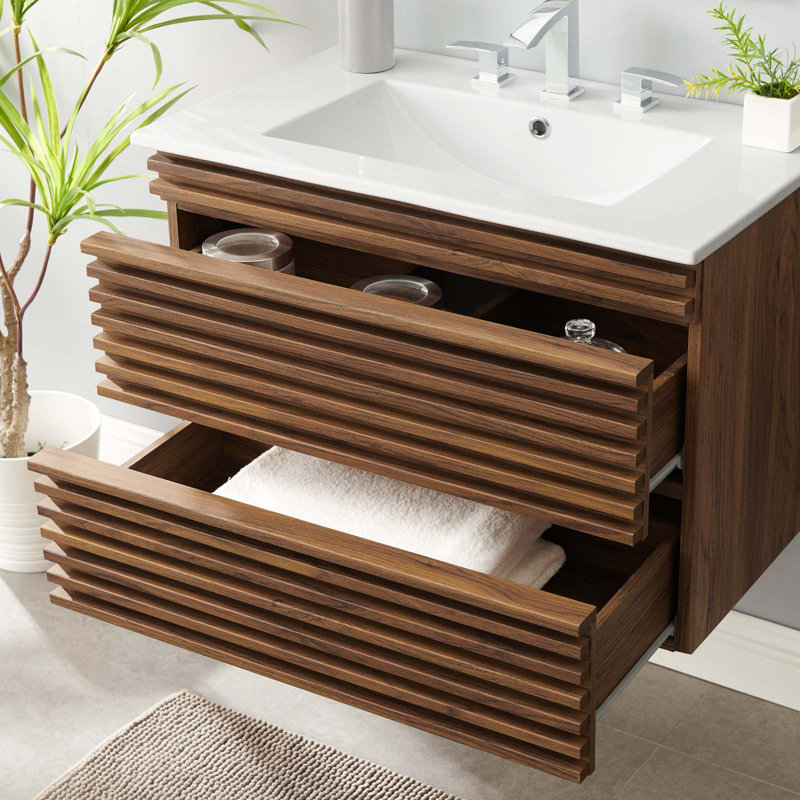 Crawley 30" Wall-Mount Bathroom Vanity, White, Walnut