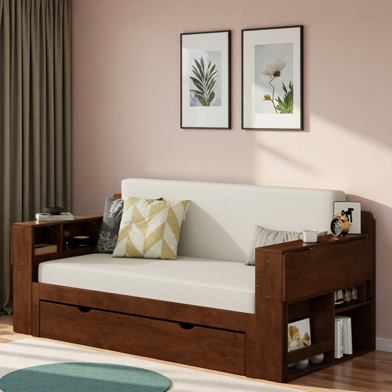 Multifunctional Daybed With Storage Drawer, Open Compartments And Hydraulic Side Table, Full/Double, Espresso