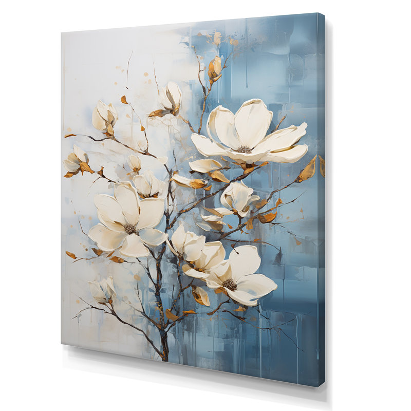 Bleu et bleu peint Magnolias IV - impression, H 44 po x l 34 po x P 1,5 po, Toile tendue
