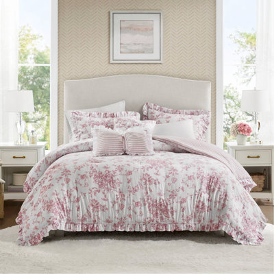 Ensemble d'édredon pour lit double / grand 5 pièces avec coussins décoratifs, rose