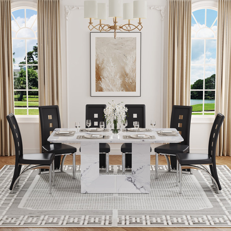 Ensemble de table de salle à manger rectangulaire en faux marbre de 63 po pour 4 à 6 personnes avec chaises en similicuir et base en forme de O