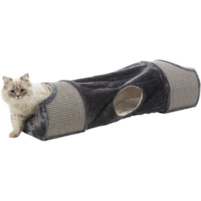 TRIXIE Cuddly Cat Tunnel & Condos, 2 Cat Caves Connected with Playful Peek-a-Boo Tunnel, Sisal Scratching Surface, Dangling Cat Toys
