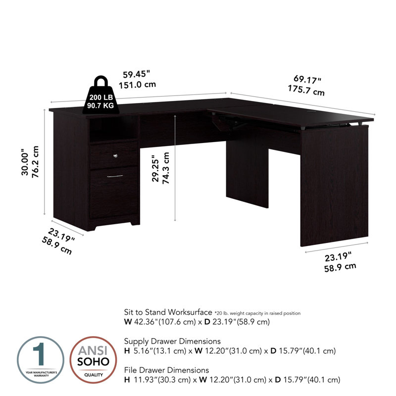 Katia L-Shaped Executive Desk, Espresso Oak, 30" H x 60" W x 69.17" D