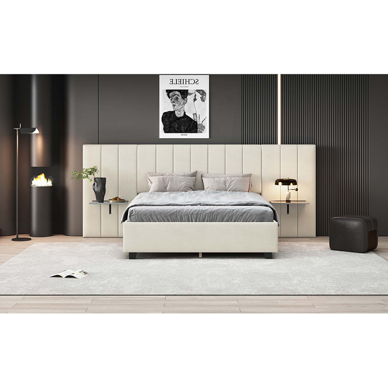 Lit plateforme tapissier avec grande tête de lit, mobilier de chambre à coucher, Beige, Grand lit