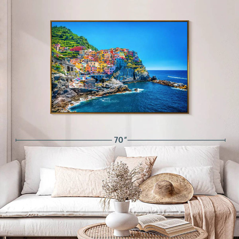 Cinque Terre, bord de mer, 46 po x 31 po, Cadre flottant doré
