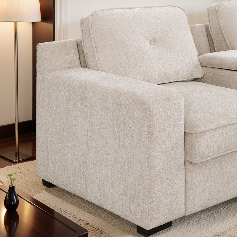 120" U-shaped Chenille sectional sofa with side table USB A/Typc C Pull out Sleeper Sofa with Storage Chaise, Beige Chenille