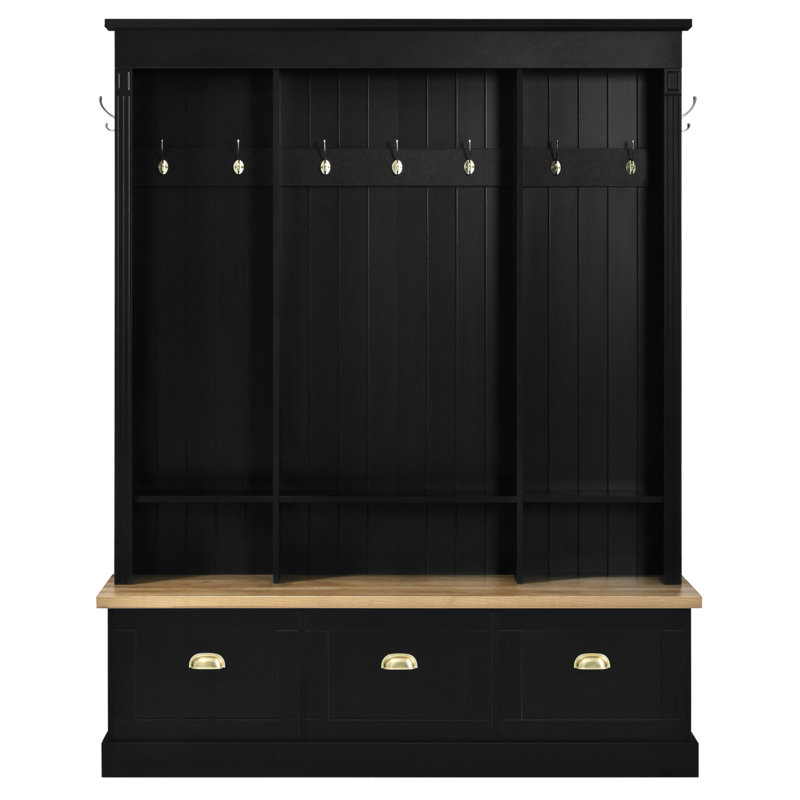 [Assembly Video] Elegant APP Controlled LED Light Hall Tree With 9 Hooks, Roman Column Design Natural Storage Bench With 3 Large Cabinets, Farmhouse Entryway Organizer With Shelves For Hallway