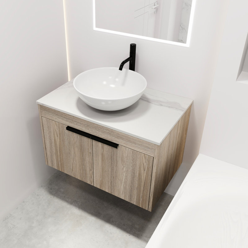 Meuble-lavabo mural contemporain de 30 po. Chêne blanc avec lavabo en céramique. Porte à fermeture en douceur pour une fonction paisible. Rangement généreux. Fabriqué en contreplaqué. Évier de meuble-lavabo moderne de 28,68 po de profondeur. Silencieux