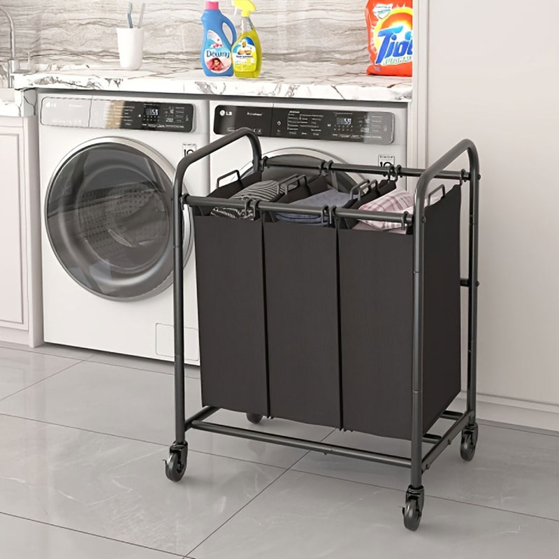 Trieur de paniers à linge autoportant, panier à linge avec 3 sacs amovibles, chariot à linge, organisateur de vêtements sur roulettes, robuste, 4 x 44 L, noir