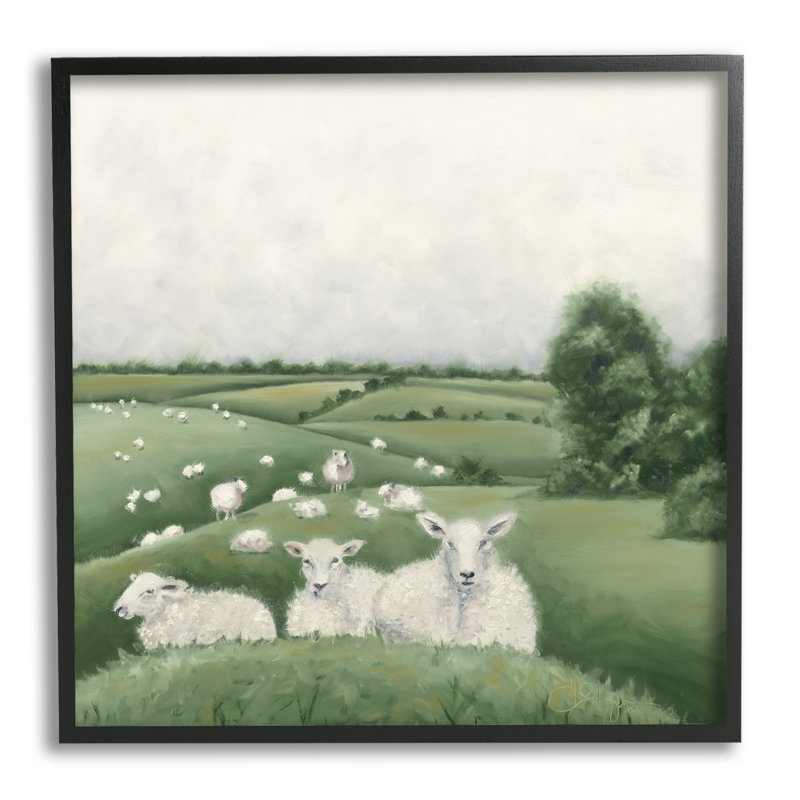 Troupeau de moutons en vert Rolling Hills Illustration, Giclée encadrée noir minuit, L 17 po x H 17 po