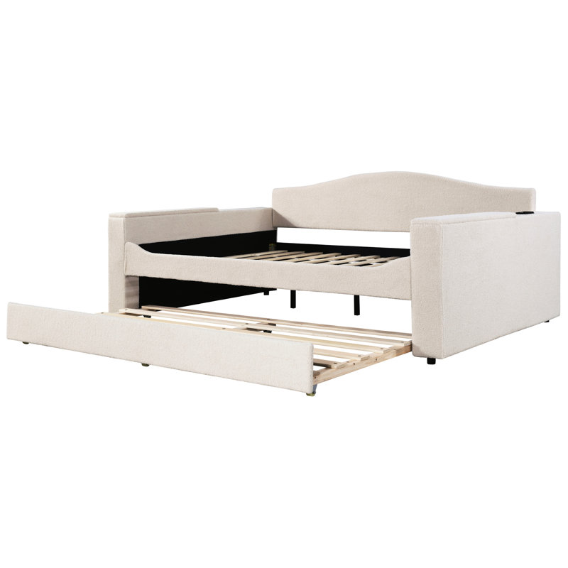 Elegant Upholstered Daybed In Beige, With Storage, Trundle And Entertainment System Beige Fleece Storage Trundle, Integrated For Enjoyable Life Time