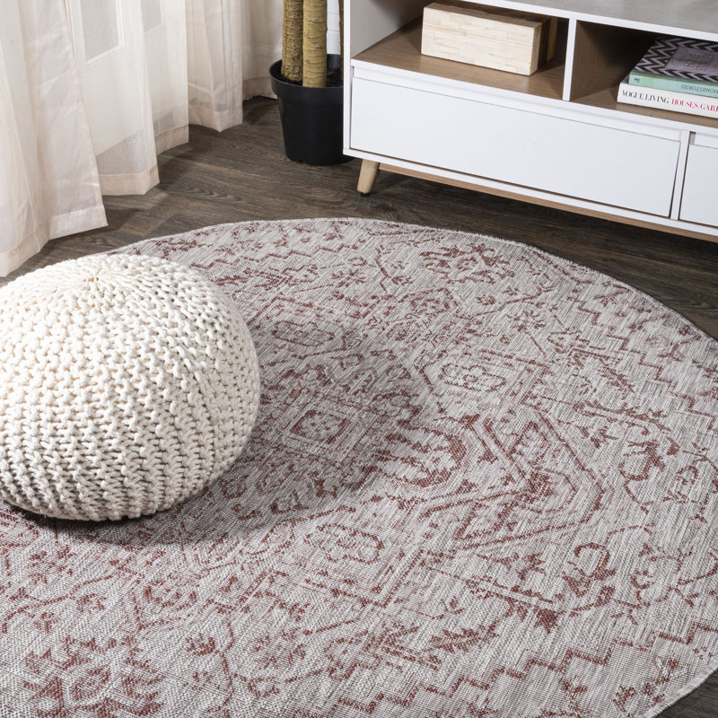 Truman Bohemian Medallion Textured Weave Red/Taupe Indoor/Outdoor Rug, Round 7'9"
