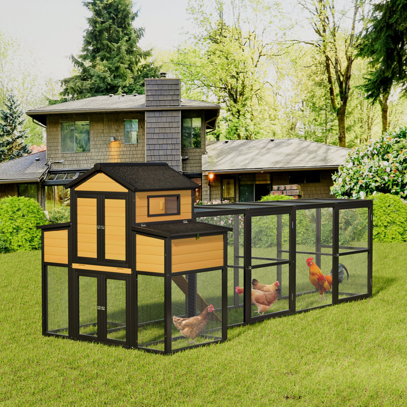 Grand poulailler en bois noir de 150 po avec poulailler et nichoirs, plateau coulissant, porte coulissante, grillage antidérapant pour 4 à 6 poules