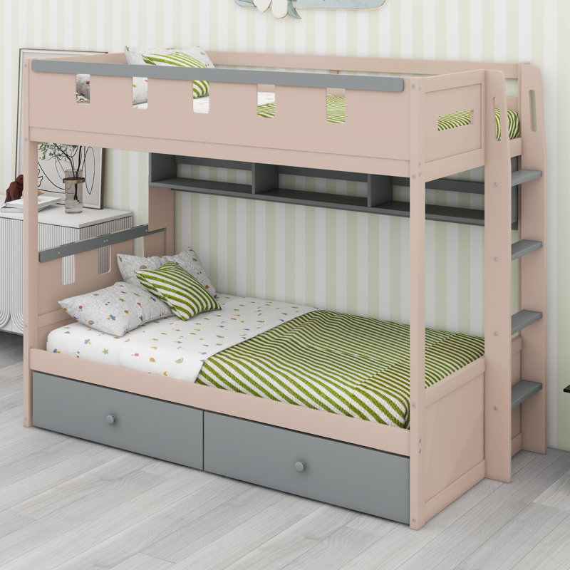 Lit superposé de conception de château pour enfants avec tiroirs intégrés, tablettes ouvertes et bandes lumineuses décoratives à DEL