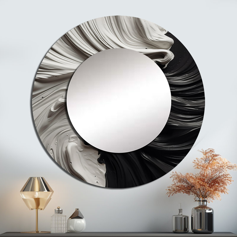 Phillisa Black White Marbled Dreamscape I - Geometric Mirror, Black Unique Wall Mirror, Printed Metal Art, 23" x 23", Round