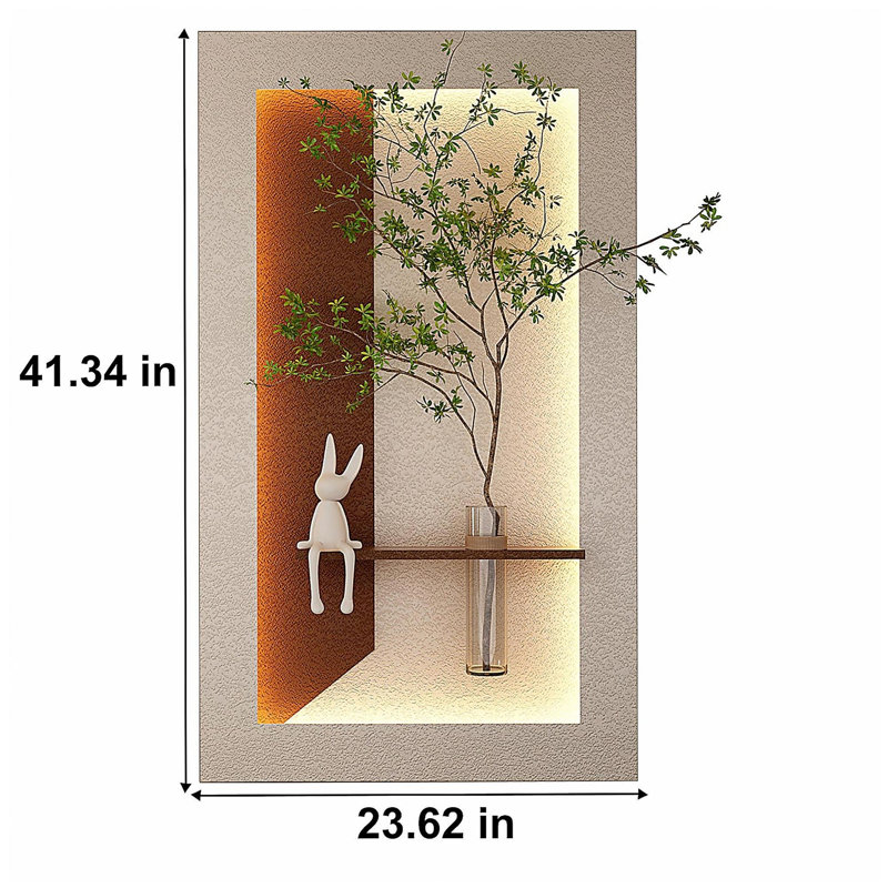 Adjustable 3-Color LED Sandstone Wall Decor with Simulated Green Plants - 3D Art Sculpture, Glass Vase & Rabbit Statue, Remote Control Light Strips for Living Room, Bedroom, Hallway