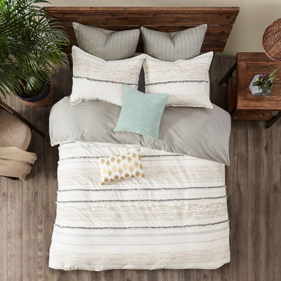 / Édredon en coton très grand / très grand, avec bordures ornementales à rayures classiques et imprimées, blanc / gris, flair tendance