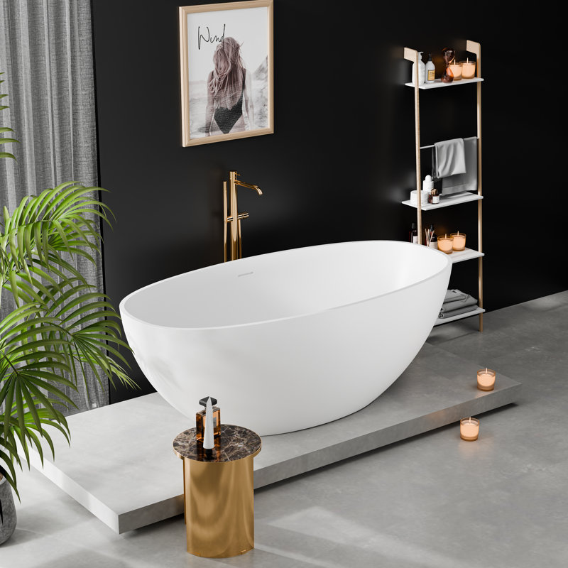 Baignoire autoportante de 61 pouces à surface solide blanc mat | Petite baignoire avec drain central | Design moderne ovale