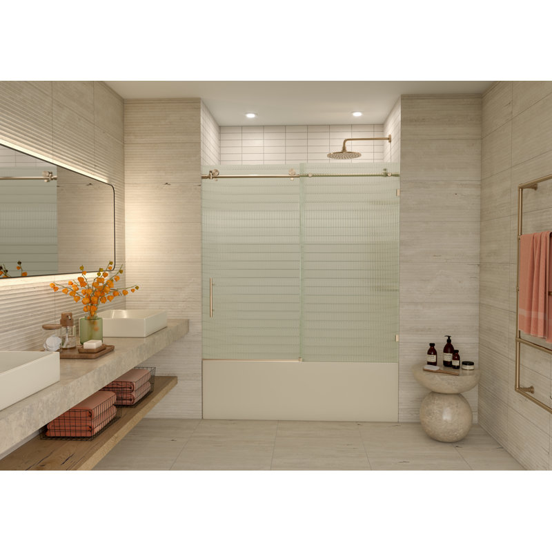 Galaxy 56 - 60 in. x 60 in. Fully Frameless Fluted Sliding Bathtub Door, Left Hand, Brushed Bronze