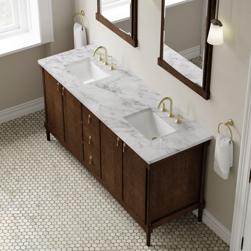 Kinnsden 72" W Double Vanity, Carrara Marble, Sable Oak