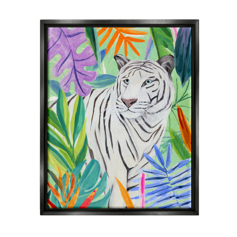 Feuilles vives de tigres de la nature - peinture, H 21 po x l 17 po x P 1,7 po, Cadre flottant noir de jais