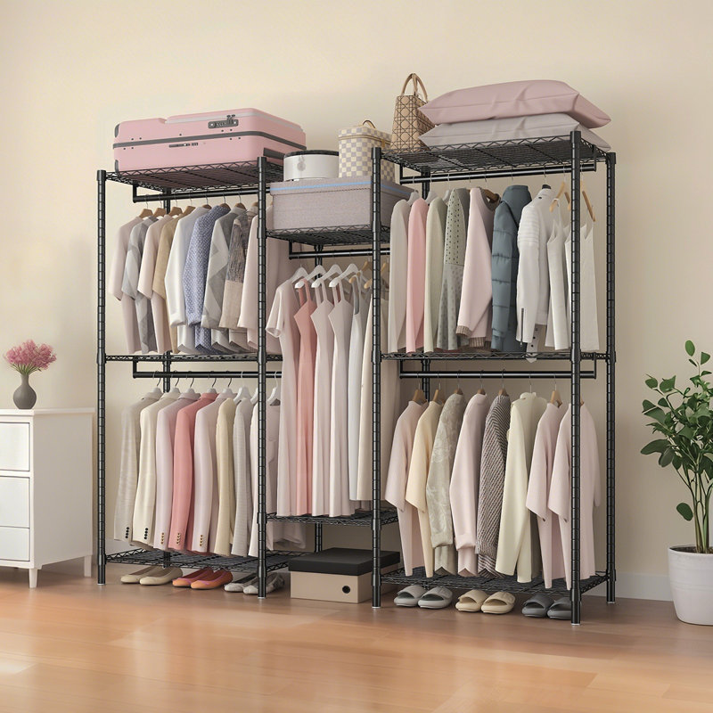 Heavy Duty Garment Rack, Freestanding Closet Organizer, Portable Wardrobe Clothes Rack, Adjustable Wire Shelving Clothes Rack With 8 Adjustable Wire Shelves And 5 Clothes Rails, Black (Without Hook)