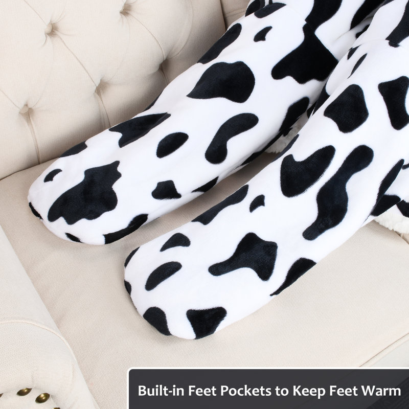 Catalonia Cow Print Sherpa Wearable Blanket with Sleeves and Foot Pockets