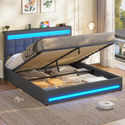 Ottoman Bed Frame with Charging Station & LED Lights, Upholstered Platform Bed frame with Under-bed Storage and Storage Headboard, No Box Spring Needed