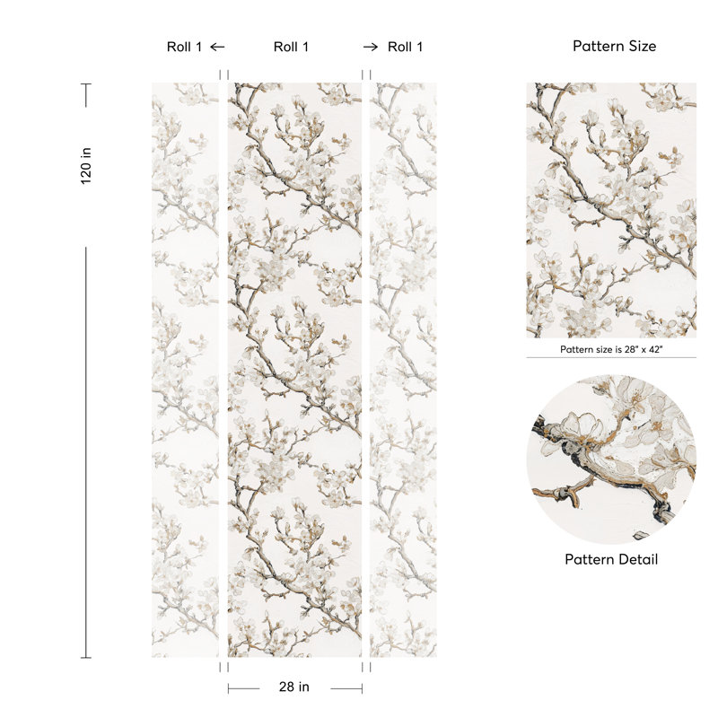 Papier peint floral Gurkirat peint à la main avec fleurs blanches et branches d'or