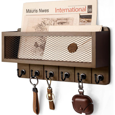 Porte-clés mural de style campagnard avec panier de rangement pour courrier: support de rangement mural décoratif, équipé de 6 crochets muraux robustes et d'un porte-clés en bois - Décoration de maison de campagne (brun rétro)
