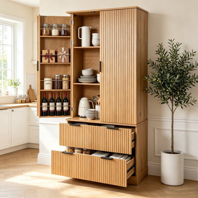 72" Modern Fluted Freestanding Kitchen Pantry Cabinet with 2 Drawers & Adjustable 8-Door Spice Storage, Oak Multi-Room Storage Cupboard for Dining Room, Bathroom, Office, Entryway