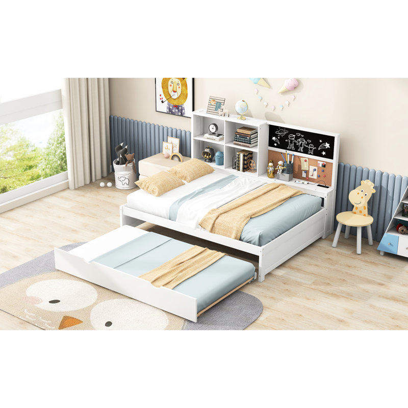 Lit de jour double avec tablettes de rangement, tableau noir, panneau de liège, lit gigogne et port double, blanc - construction pour améliorer la fonctionnalité de la chambre à coucher Structure en bois robuste