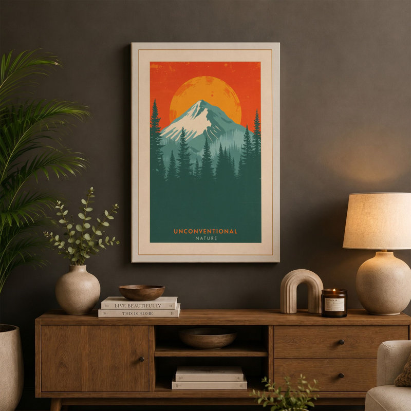 Mountain at Sunrise Mid-Century - Wrapped Canvas, 36x24 - 91.4 x 61.0 cm, Taupe Border