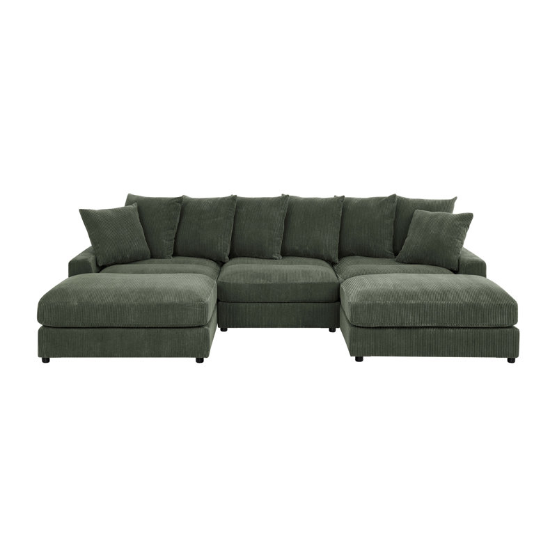 Reversible Modular Corner Sectional With Ottoman, Antique Green Corduroy