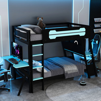 Cloud Blue Twin Size Bunk Bed With Gaming Desks, Integrated , And For Organizing Gear Built - In Ports, An Efficient Environment, Tone