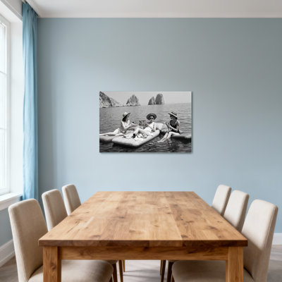 Fashion Black And White Beach Scene With Women On Floats