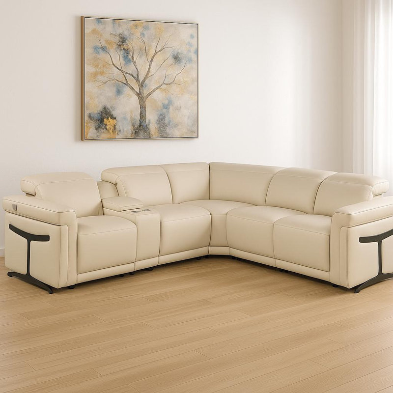 Canapé modulaire en L beige en cuir italien modulaire six pièces avec console