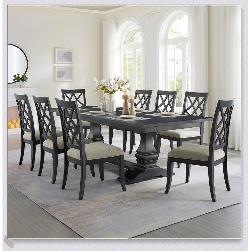 (1 table + 6 chaises) Ensemble de salle à manger en bois extensible pour 7 personnes de 102,01 pouces pour 6 personnes, design incurvé, cuisine moderne et chaises rembourrées