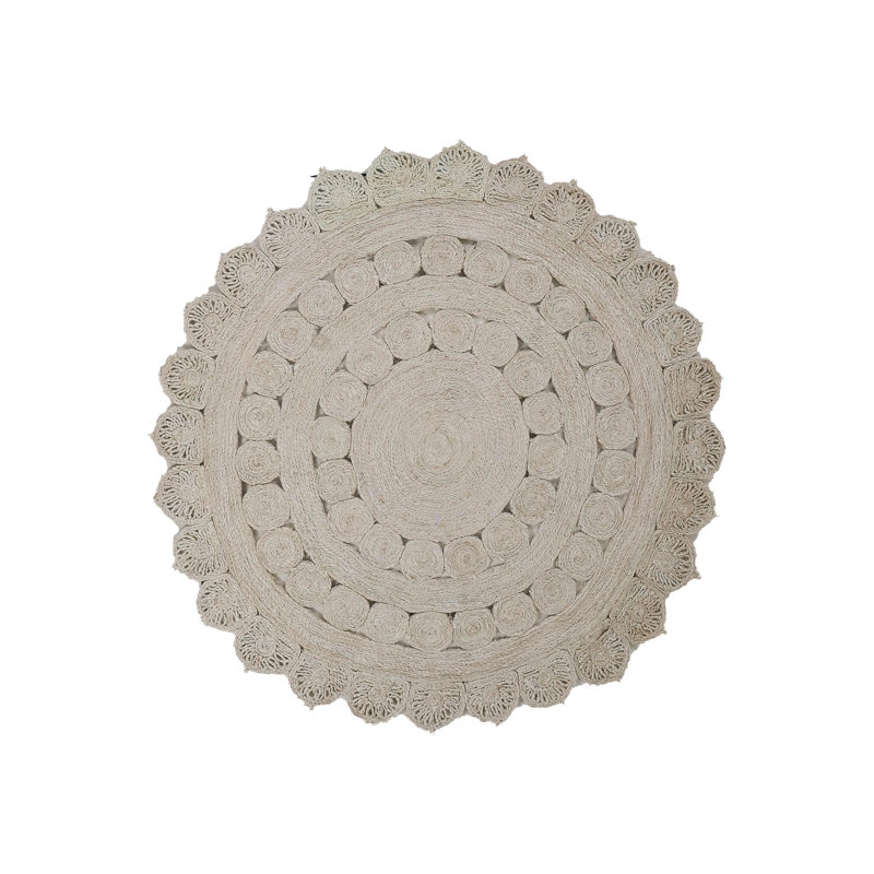 Tapis Anamaria tissé à la main en jute écologique - 183 x 183 cm, rond, blanc, motif oriental, poils courts, fibres naturelles, tapis d'intérieur/extérieur fait main pour salon, chambre