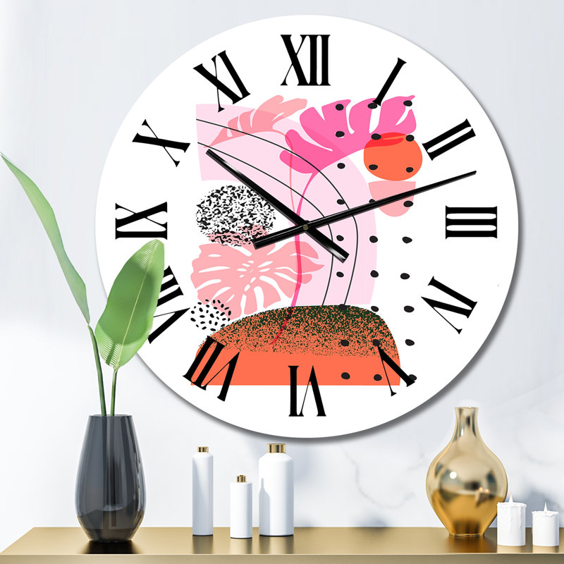 Horloge murale moderne avec formes tropicales organiques et feuilles tropicales III, Petit