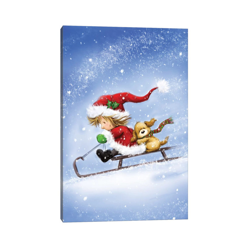 Little Girs On Sled by MAKIKO - Wrapped Canvas Print, 66.04 cm H x 45.72 cm W x 3.175 cm D