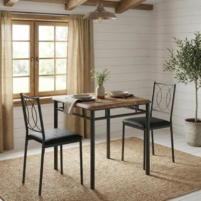 Farmhouse Dining Table Set for 2, Wood Table with Upholstered Chairs, Space-Saving, Brown