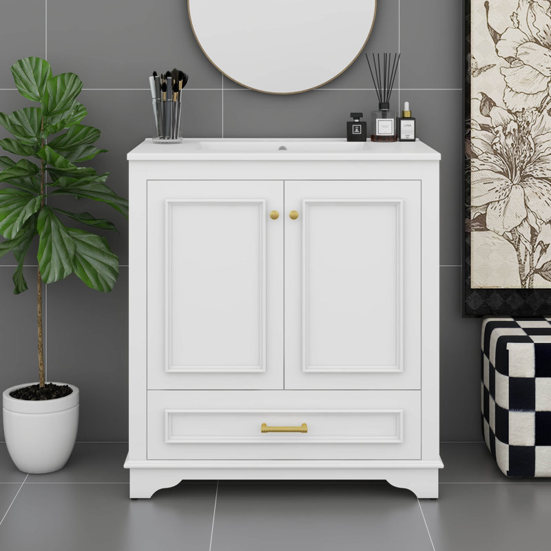 Meuble-lavabo autoportant de 30 po avec lavabo en céramique, armoire de rangement pour salle de bain avec portes à fermeture douce et tablette réglable, tiroir