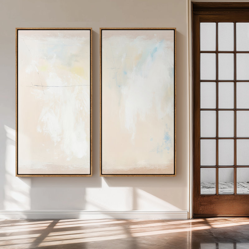 Grand ensemble d'art mural sur toile encadrée - Impressions minimalistes abstraites douces et claires de couleur beige et blanche 60 po x 30 po x 2 pièces