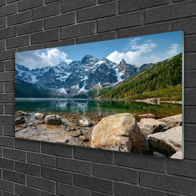 Landscape Mountain Lake Stones - No Frame Print on Glass
