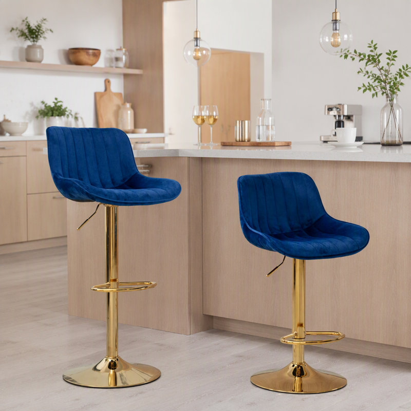 Ensemble de 2 tabourets de bar réglables avec repose-pieds chromé et mécanisme de levage, Marine