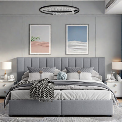 Platform Bed Upholstered Platform Bed Included Two Twin Size Beds, Hydraulic Storage Systems And Vertical Stripe Headboard